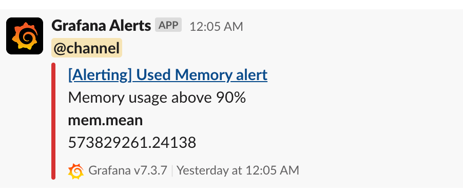 An alert notification received on Slack