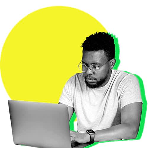 A person working at their computer. The image is styled with a green and yellow background.