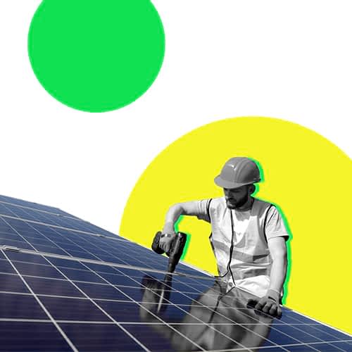A solar electrician at work. The image is styled with a green and yellow background.